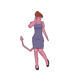 Turnaround animation of CaitySecret's OC Nadine, a pink skinned succubus woman in professional work attire - a lavender dress and sensible heels.