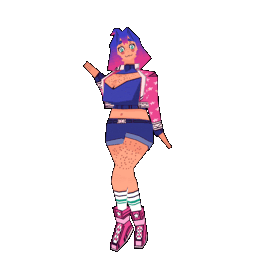 Turnaround animation of a low poly model of SketchyTodd's OC Topaz, a woman with freckly skin, bright cerulean and magenta hair, and green eyes with star-shaped pupils, and large breasts. She wears blue shorts, knee high white socks with two green horizontal stripes, a short pink jacket covered in white stars that matches her high top shoes, and a blue cropped sweater with a significant cleavage window.