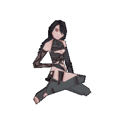 Turnaround animation of Angel's OC Raven, a dark haired woman with red eyes and pale skin. She wears a form fitting bodice, a clawed gauntlet on her left hand, and asymmetric long boots with exposed toes. She sits on the ground with her legs crossed to the side.