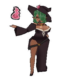 Idle animation of MuffinViking's OC Stella, a dark skinned woman with green hair. She wears a black dress with a low cut and a high thigh slit, showing off her sizable curves. She holds forth a little pink spirit.