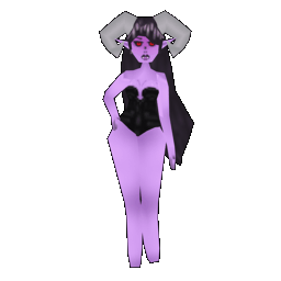 Simple idle animation of GraySnail's OC Kaitlynn, a violet skinned succubus/vampire woman with large curled horns, red eyes, and long dark hair.