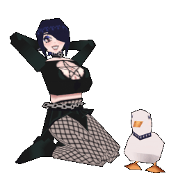 Low poly idle animation of TheScarletDevil's OC Vivienne and her pet white duck, Punk. Vivienne is a pale skinned woman with deep blue short hair and an infectious grin. She's wearing an outfit designed by Rivelbee including a cropped long sleeve shirt with a pentagram cut, a short black pleated skirt with a chain, fishnet leggins, and black shoes with a heel.