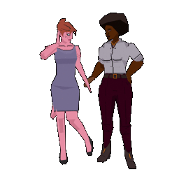 Turnaround animation of low poly models of CaitySecret's OCs Nadine and Simi holding hands. Nadine is a pink skinned succubus with red hair in a bun wearing a lavender dress. Simi is a dark skinned woman with a black afro wearing an off-white button up shirt tucked into deep maroon pants.