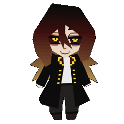 Idle animation of a low poly chibi style model of V1trealis's OC Kana, a parasite in the guise of a woman with pale skin, yellow eyes, and dark hair that lightens further from the root to crimson and finally to blond at the very tips. She wears a dark long jacket with gold buttons and red lapel, a white top, white gloves, grey slacks, and dark shoes.