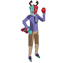 Simple waving animation of a low poly model of Biddy's OC Shelia, a brightly colored cartoon-style demon who loves shapes.
