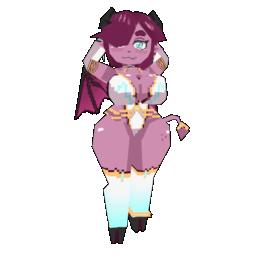 Turnaround animation of a low poly model of AceAstro22's OC May'hem, a gender-fluid shapeshifting succubus with pink skin, short maroon hair, brilliant blue eyes, hooves, and violet bat wings. They wear thigh high stockings, sleeves, and a low cut leotard that are white with gold trim. During each turn around, May'hem's form changes between feminine and masculine.