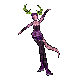 Turnaround animtion of a low poly model of Carmina's Fleur as living stained glass. Fleur is a pink skinned tiefling with green horns, purple hair, and a long tail. She wears dark colored bracers, thigh high leggings, and a bodice with a purple skirt (with short pants) and boots tipped with metal.