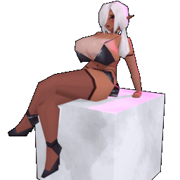 Idle animation of a low poly model of BurningAQ's OC Beladonna, a phenomenally thicc and stacked dark elf with caramel colored skin, straight white hair pulled into loose twin ponytails, and pink eyes. She wears a black bikini top with matching miniskirt, thigh high stockings, and stiletto heels. She sits on a marble cube in a pinpup pose with one leg crossed over the other, leaning back on her hands with her chest pushed forward to further accentuate her stupendous bust. She breathes and slowly kicks one of her feet.