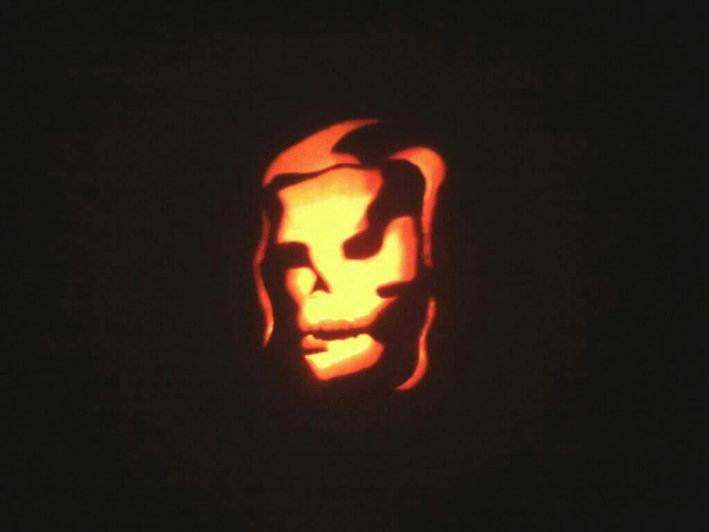 Pumpkin carving of the grim reaper from Shadowgate, the classic visual of a skeleton in a cloak with a scythe.