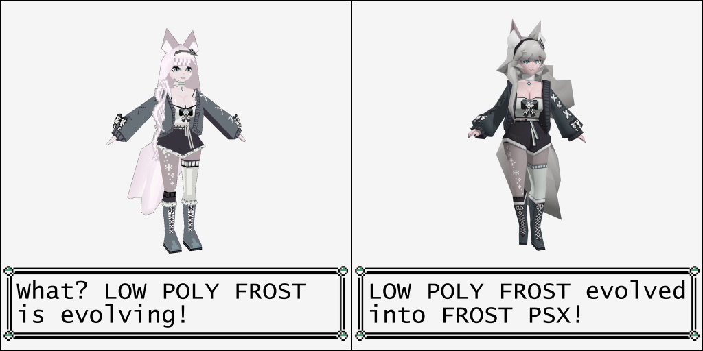 Two-panel image imitating old Pokémon evolution screens showing my old low-poly FrostbyteVT model and the new updated model.
