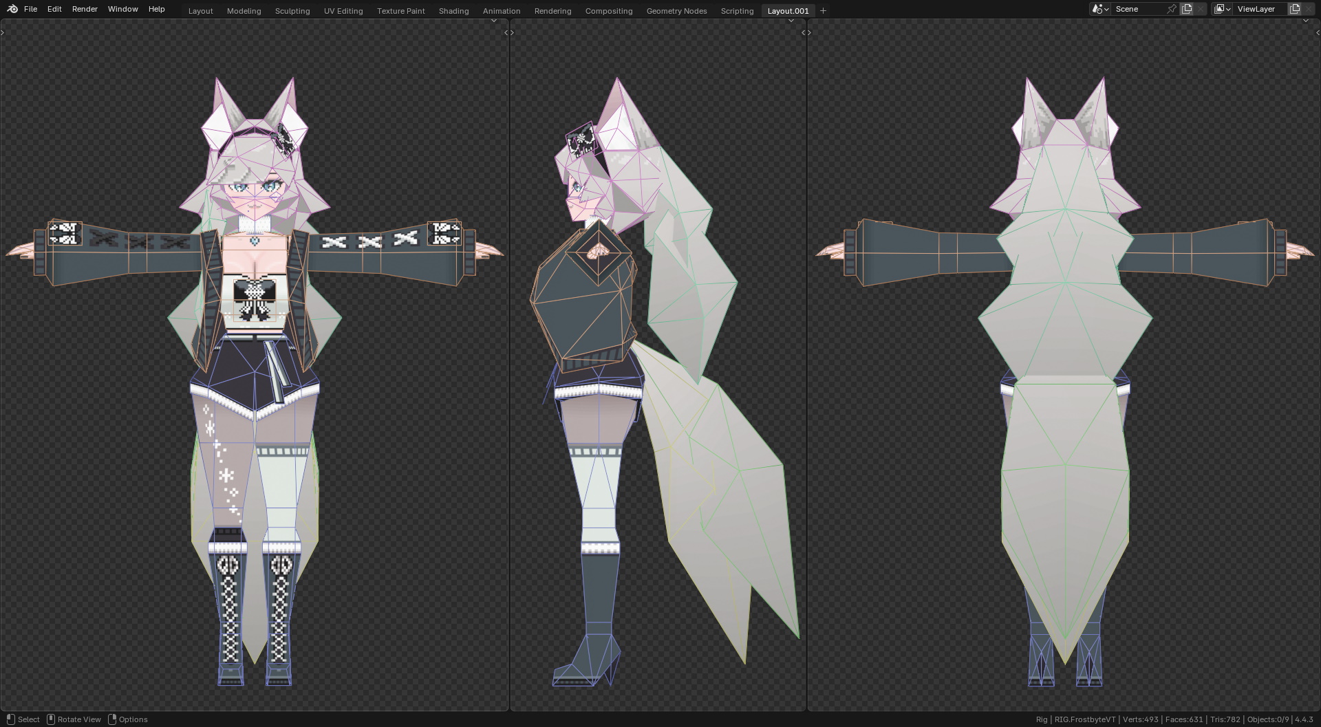 Screenshot from Blender showing Frost PSX model in T-pose with wireframe with jacket and long hair.