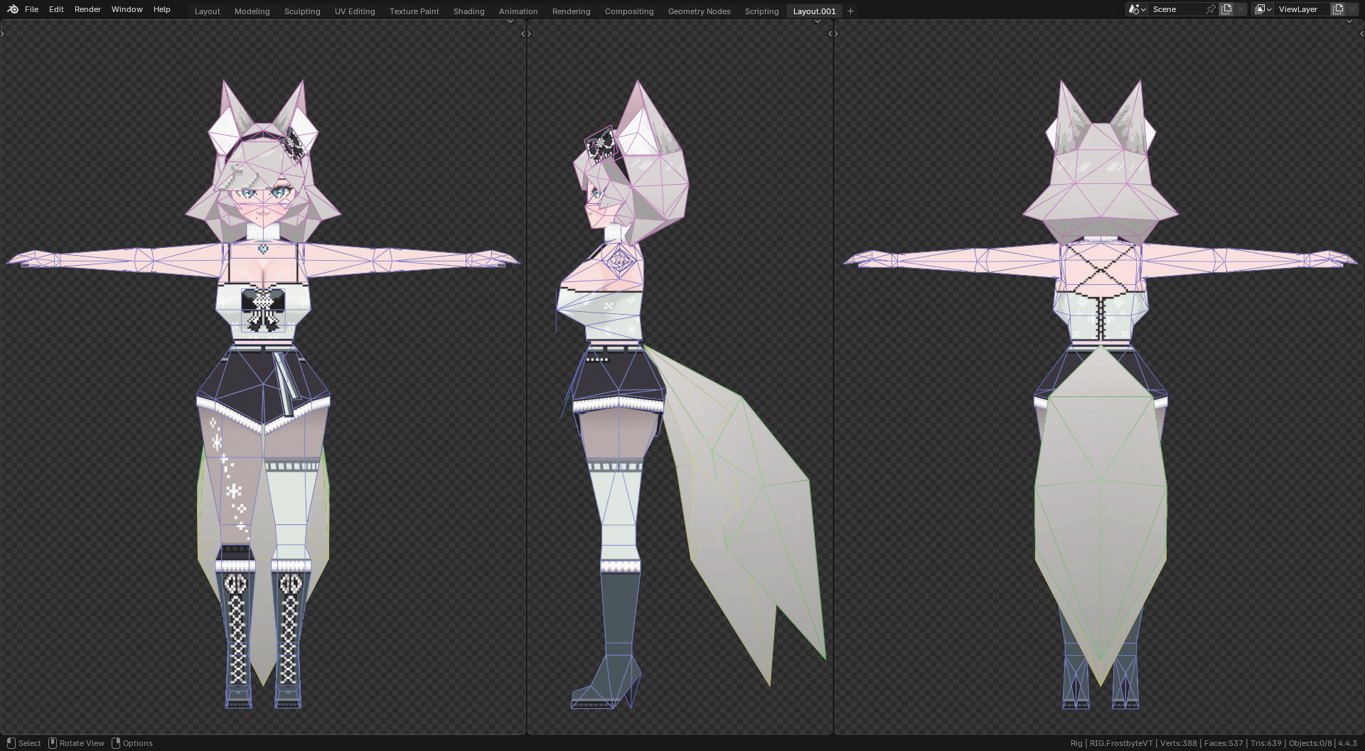 Screenshot from Blender showing Frost PSX model in T-pose with wireframe with no jacket and short hair.