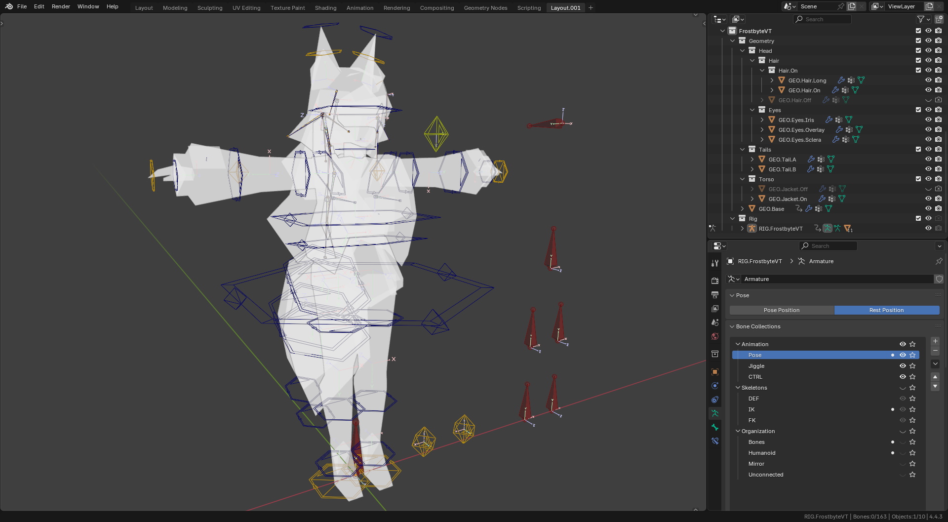 Screenshot from Blender showing the Frost PSX model animation rig controls.