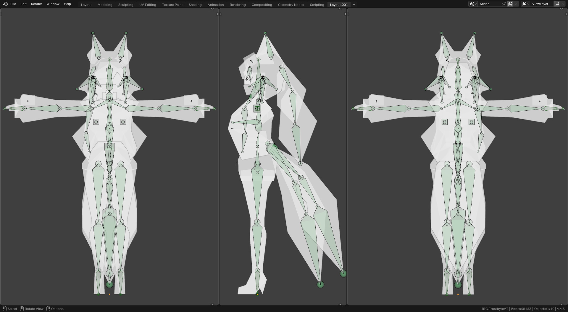 Screenshot from Blender showing the Frost PSX model deformation skeleton.