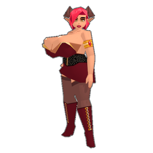 Turntable animation render for my OC Hodela. Hodela is a hot demon lady with short pink hair interrupted by curled horns, wide hips, and gratuitously large breasts. She's wearing a low cut red dress, an embroidered black girdle, gold bangles with garnet gemstones, and knee-high high-heeled red boots over thigh high stockings.