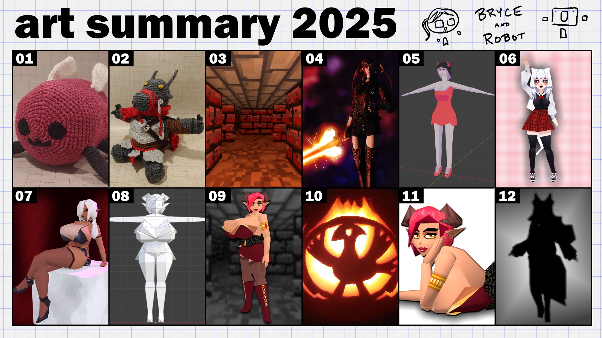 Art Summary 2025 for BryceAndRobot, including a grid layout of pieces to represent each month of the year, featuring crochet plushies, game screenshots, low poly models, and a jack-o-lantern.