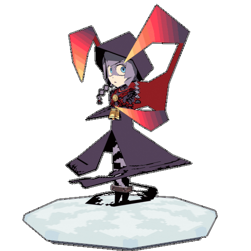 Low poly turntable animation of a Hexer from Etrian Odyssey 2, a cloaked figure shrouded in darkness with a mysterious pendant and bell chained around their chest and strange claw-tendrils reaching from behind. Their eyes follow the viewer as darkness swirls at their feet.