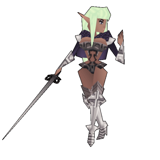 Low poly idle animation of Railanor from Unicorn Overlord, a curvy dark elf fencer with long mint green hair, in the style of Quest 64.