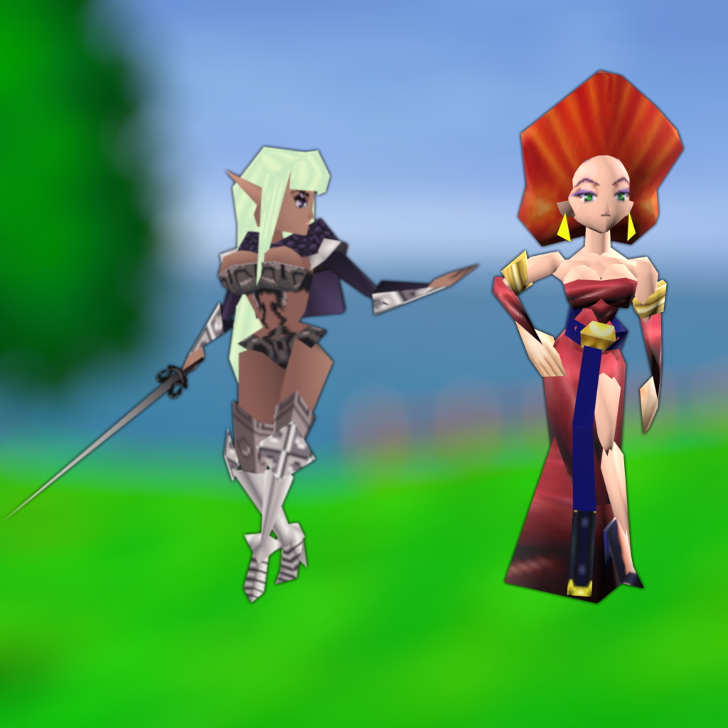 Low poly Railanor stands next to Shilf from Quest 64, a curvy woman with light skin and bright red hair in an elegant red dress, over a blurred background from Quest 64.