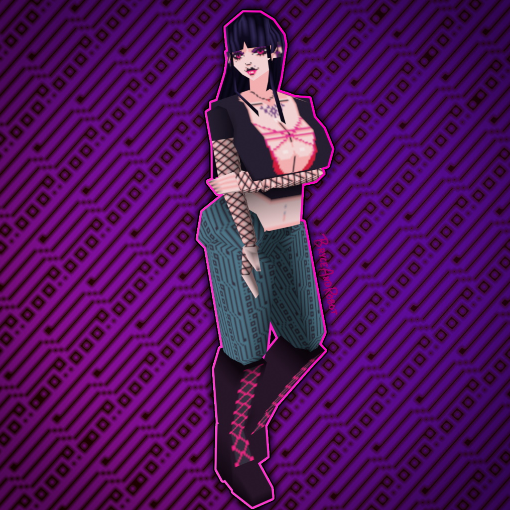 Low poly render of e.x.weis's OC Reika, a cyber punk succubus woman with long dark hair, magenta eyes, thick thighs, and large breasts. She stands with her hip pushed out and one arm holding the other, situated under her bust. She wears a low cut crop dark crop top, fishnet sleeves, leggings with microchip patterns, and black knee-high boots with magenta laces.