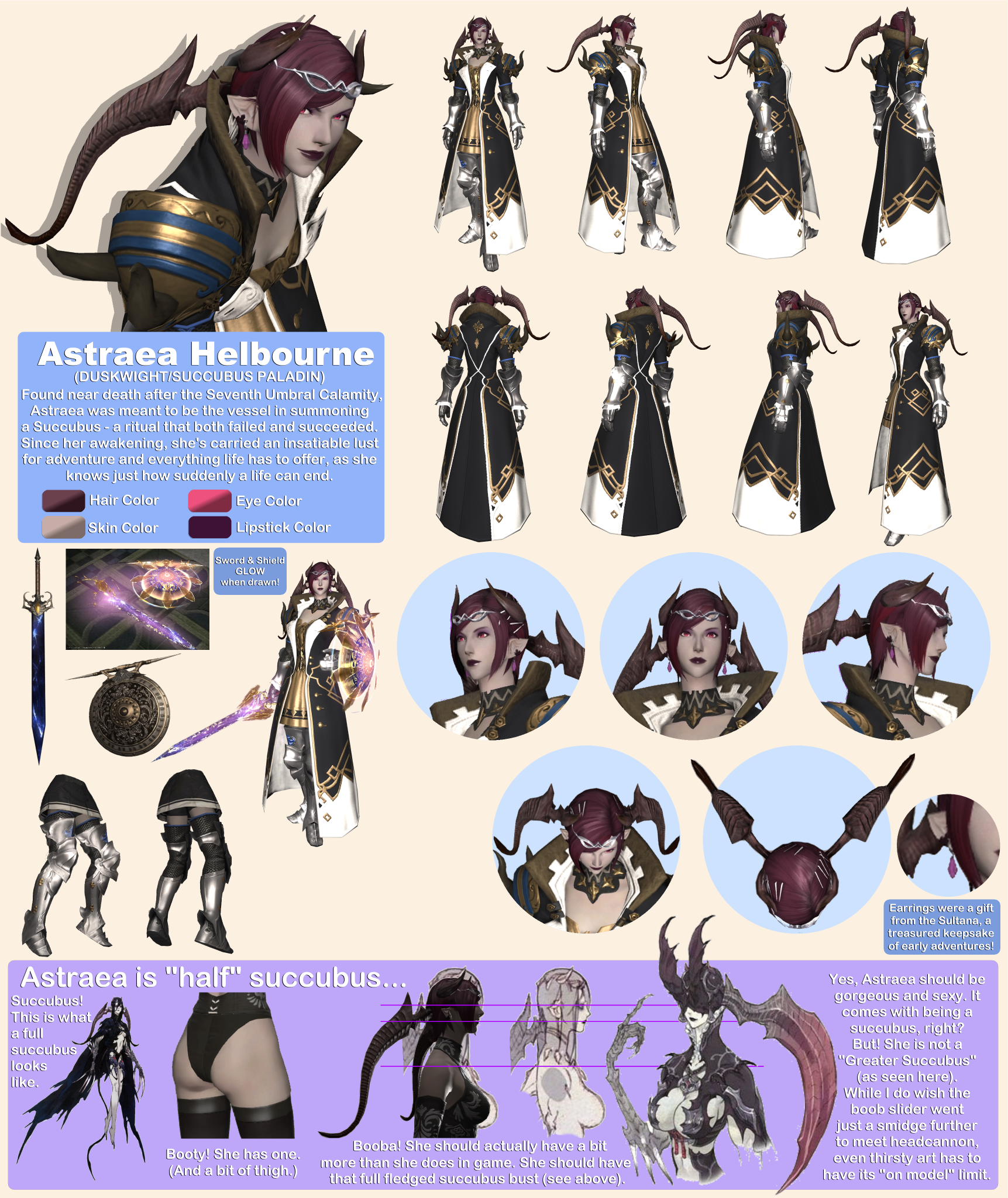 Character art reference sheet for Astraea Helbourne, Duskwight Succubus Paladin.