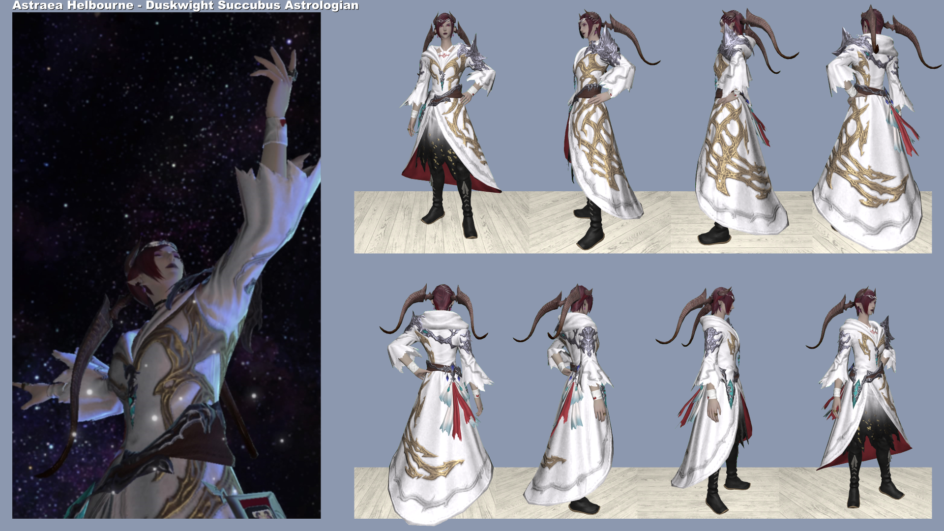 Reference sheet of Astraea Helbourne in her Leveling (AST) glam.