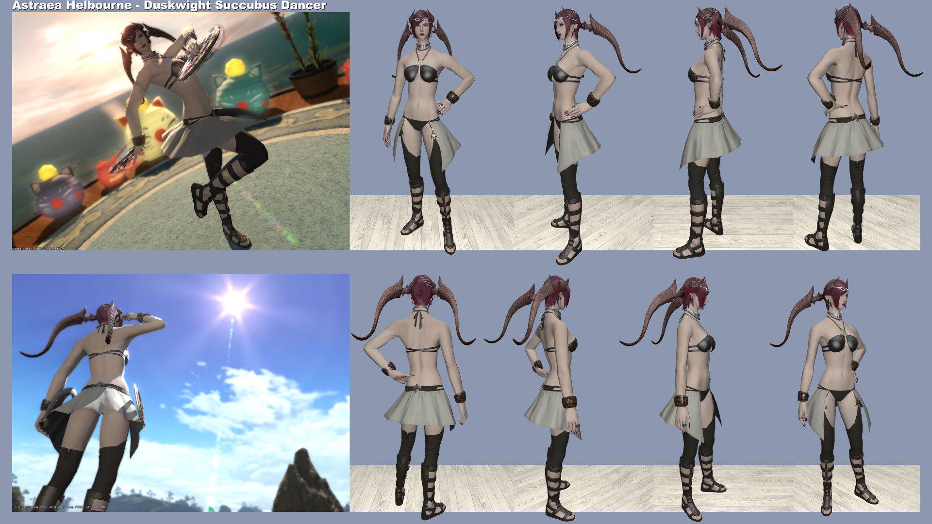 Reference sheet of Astraea Helbourne in her Ul'dah Dancing Girl (DNC) glam.