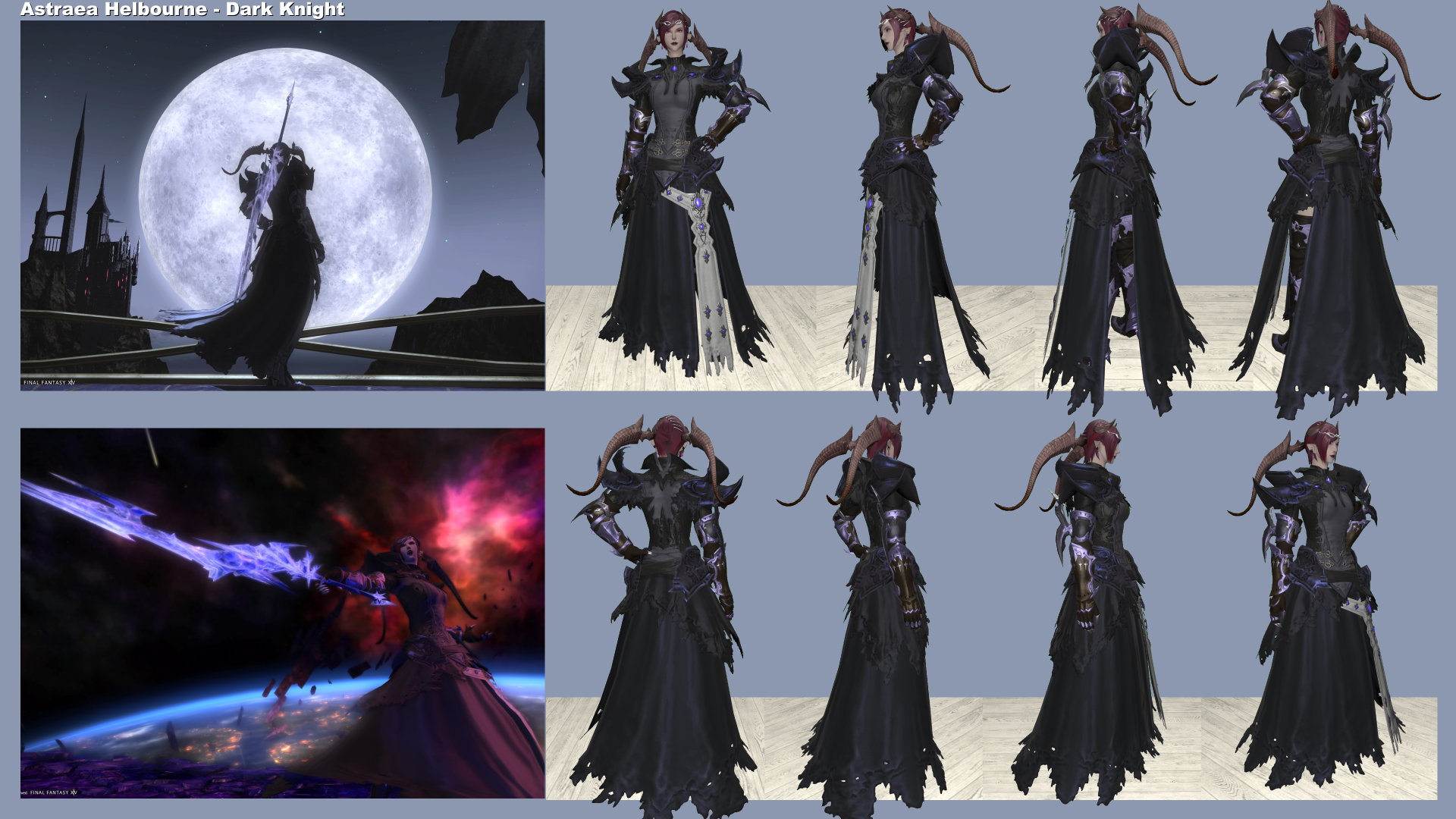 Reference sheet of Astraea Helbourne in her Shadowbringer (DRK) glam.