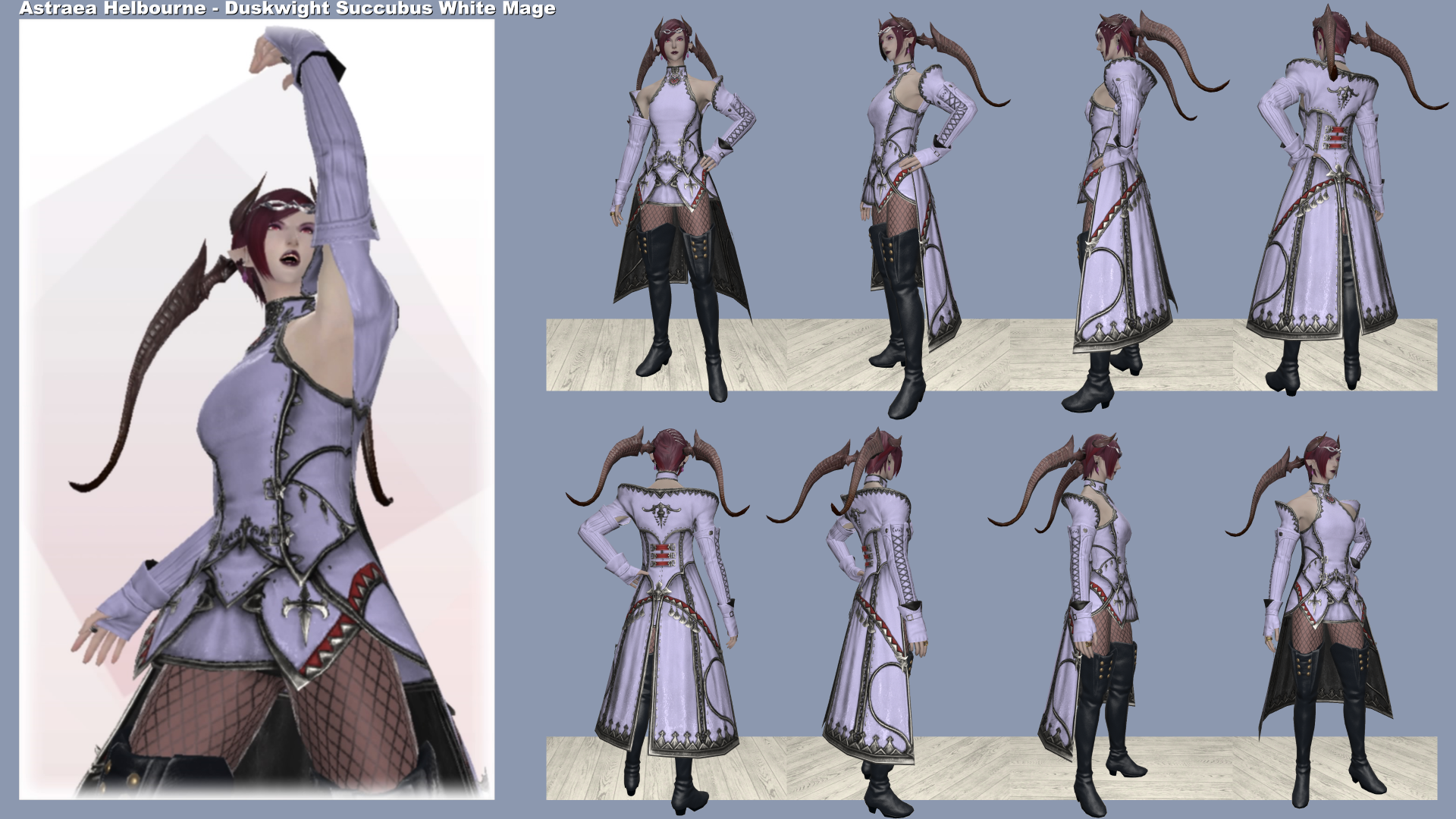 Reference sheet of Astraea Helbourne in her Lavender Lifegiver (WHM) glam.